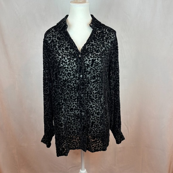 Mandee Womens Burn‎ out Velvet Long Sleeve Black Silk Blouse sz Small whimsigoth - Picture 1 of 10